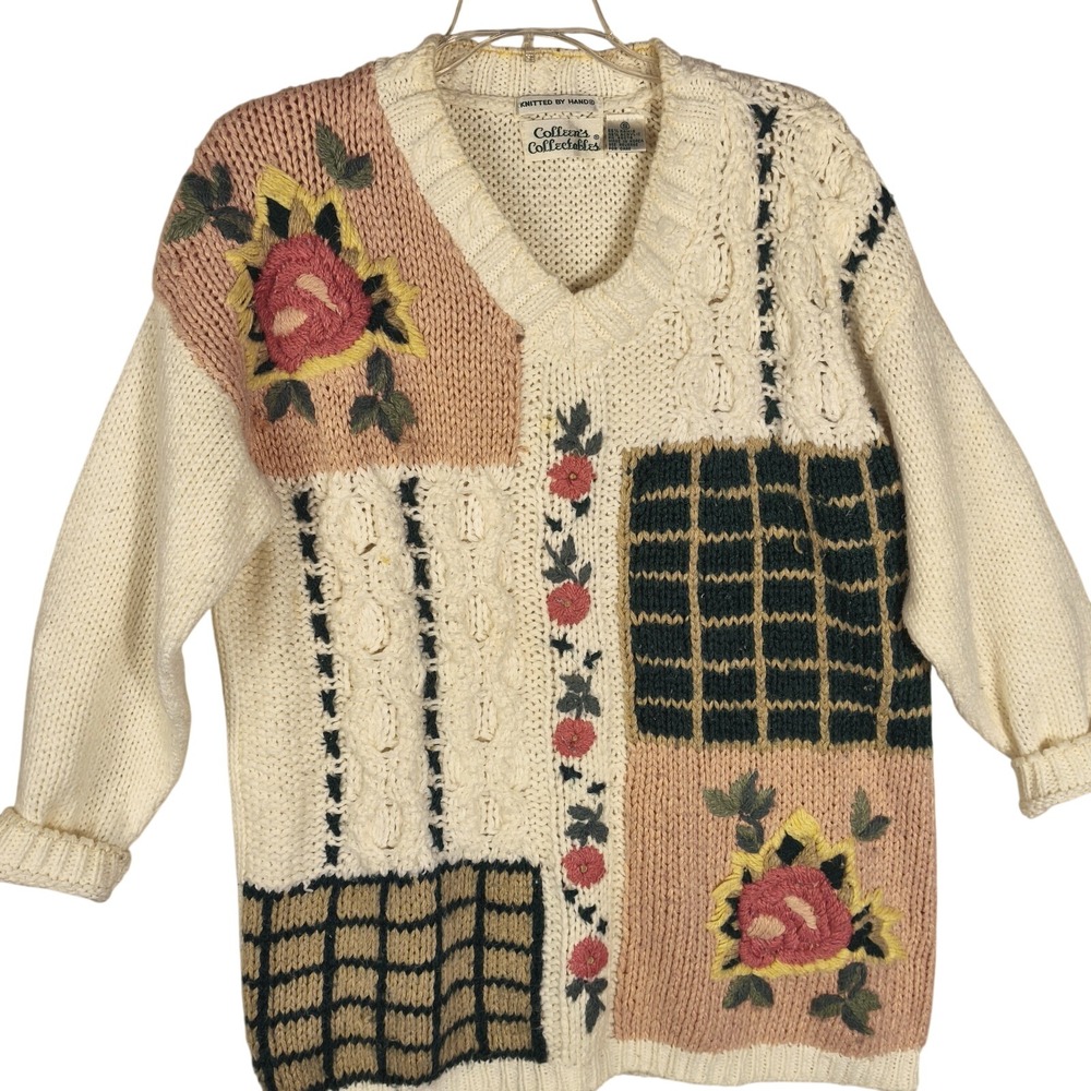 Vintage Patchwork Handmade Sweater Cottagecore Floral Knit Women Oversized Small - Picture 1 of 8